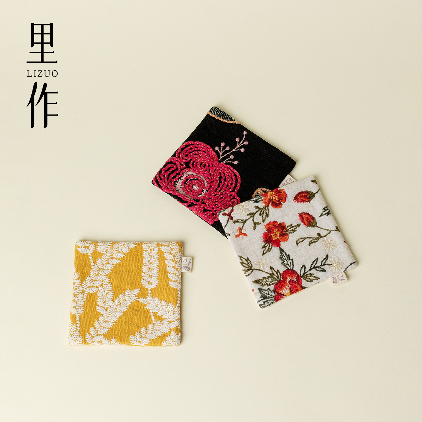 里作 手工刺绣棉麻刺绣方形杯垫复古文艺防烫隔热垫家用茶道配件