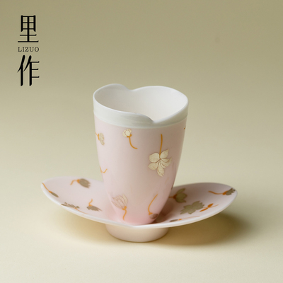 里作 纯银彩玉兰花茶杯杯垫套杯整套精致高颜值品茗杯陶瓷主人杯