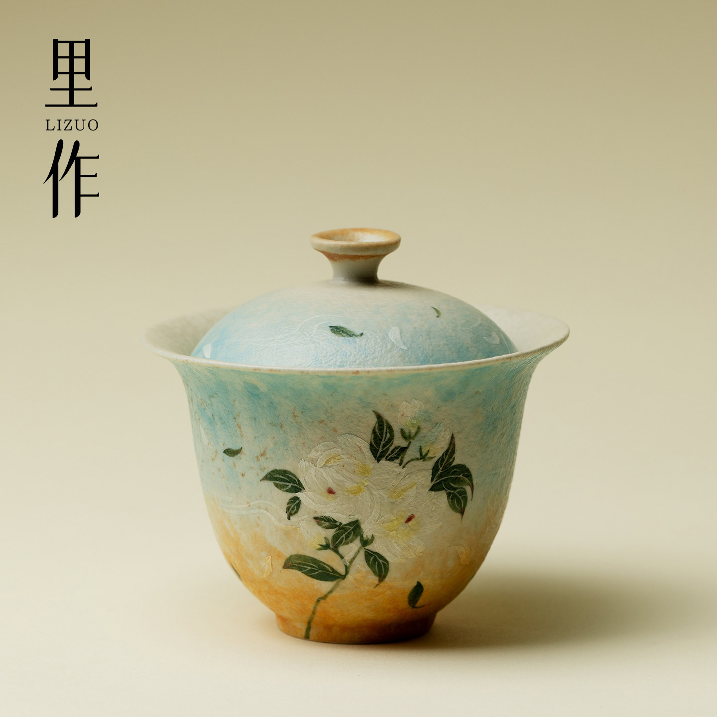 里作 青花火石红泡茶器高档创意手绘栀子花陶瓷单个盖碗功夫茶具