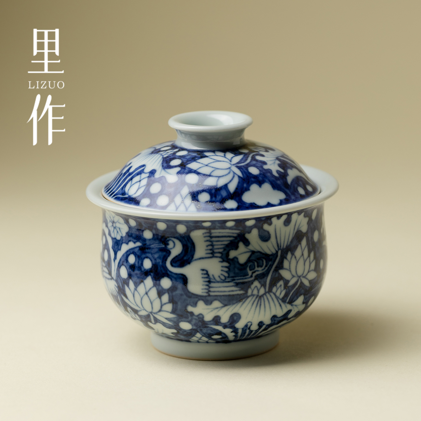 里作景德镇青花手绘一路莲科盖碗全手工胎釉下彩泡茶碗沏茶碗茶具