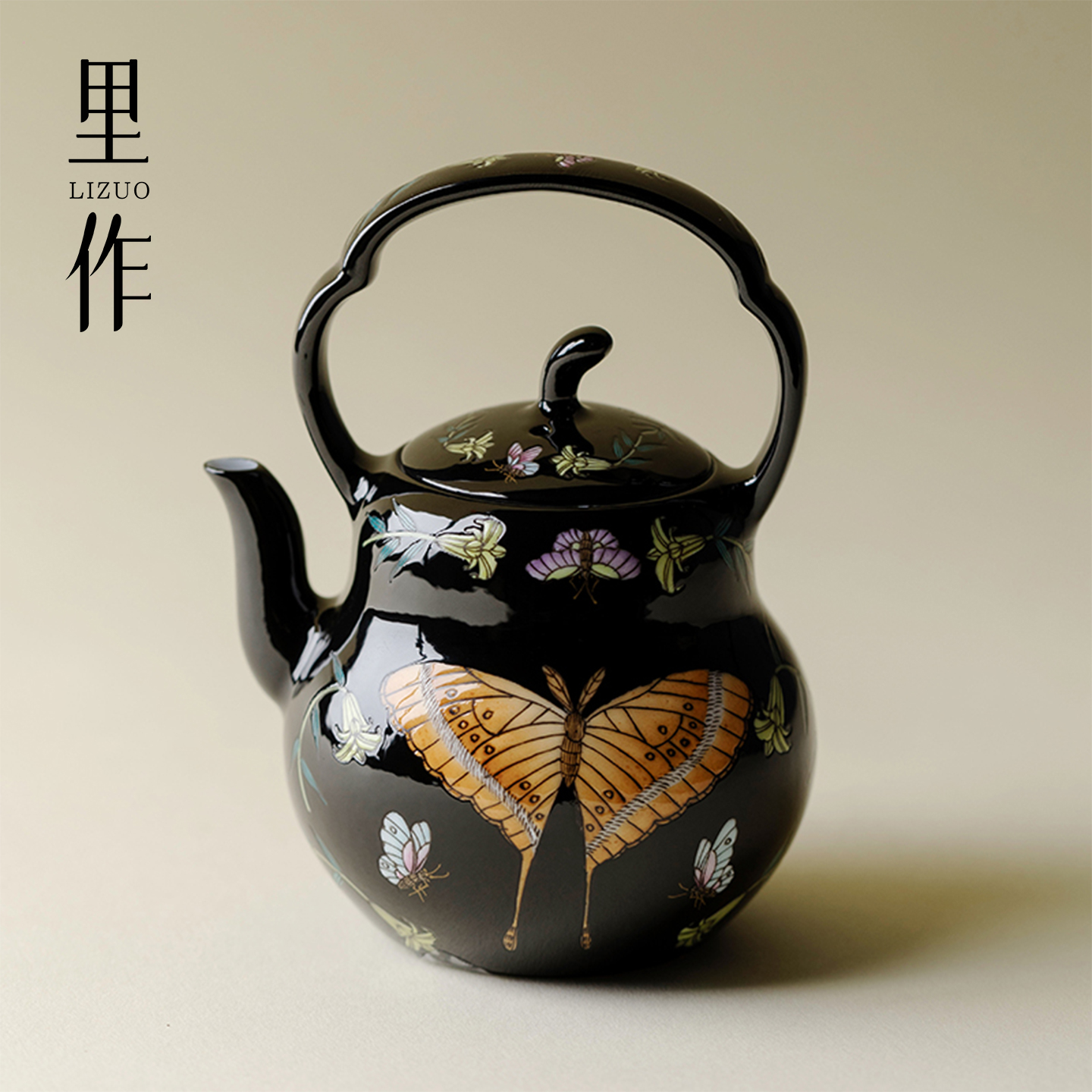 雅同集景德镇黑地粉彩手绘蝴蝶提梁壶创意手工茶壶高端原创泡茶壶