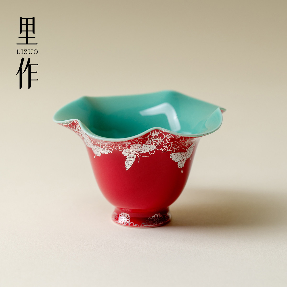 里作中国红花口茶杯原创纯银彩蝶恋花品茗杯高档功夫茶具主人杯