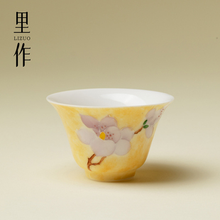 里作手绘樱枝栖蝶陶瓷功夫茶杯釉下粉彩品茗杯喝茶杯高颜值客杯子