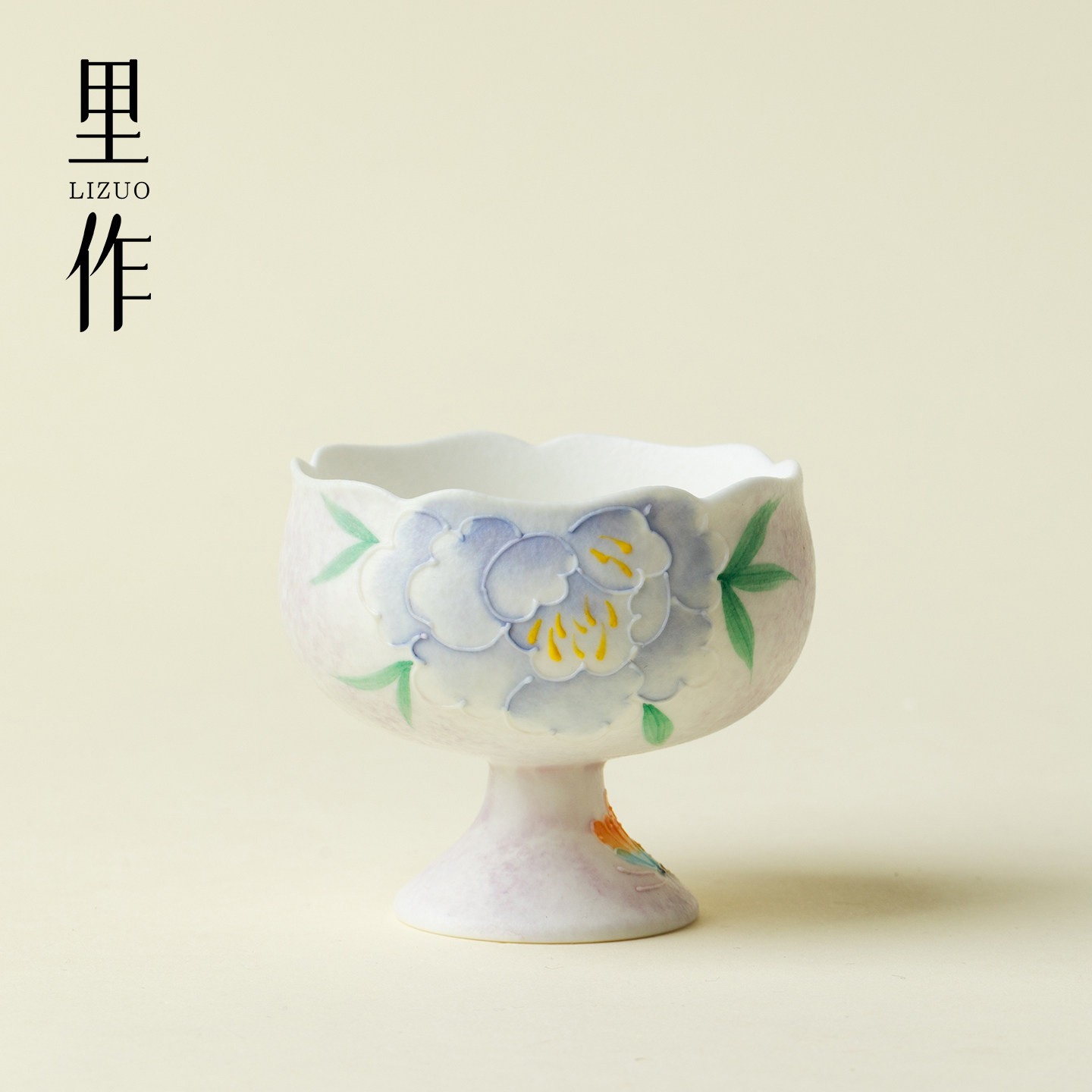 里作手工粉彩富贵吉祥茶杯手绘紫牡丹花高足花口杯功夫茶具主人杯图片