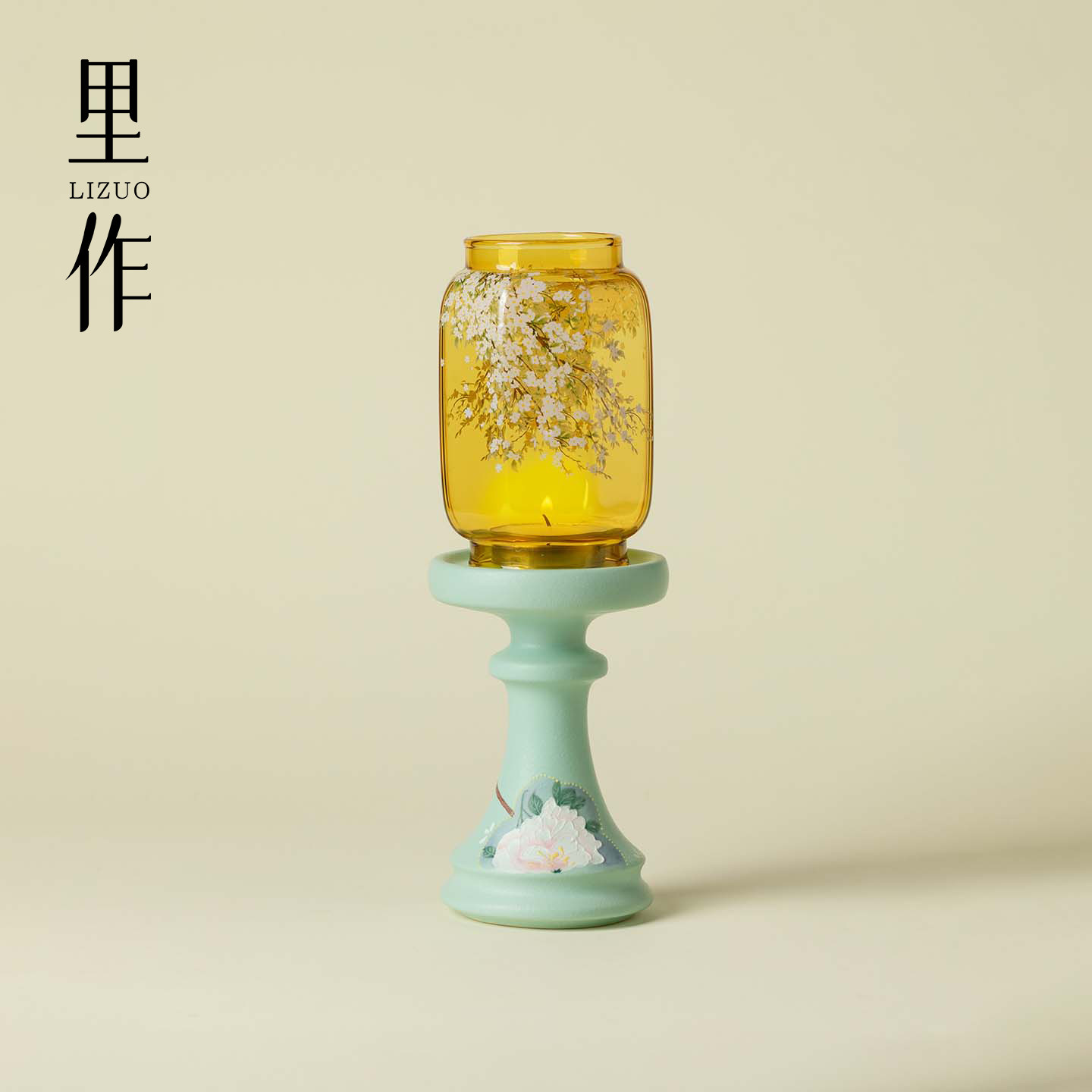 里作精致手工明清烛台浅青开窗牡丹梨絮氛围灯高级感家用桌面摆件