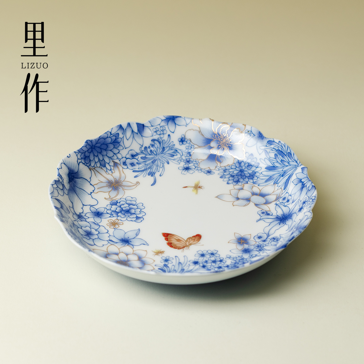 里作高颜值青花蝶恋花壶承高端描金干泡盘家用盖碗茶壶托盘养壶垫