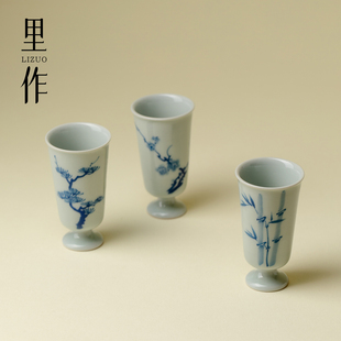 里作 仿古泥青花手绘松竹梅高足茶杯复古手工品茗杯聚香杯闻香杯