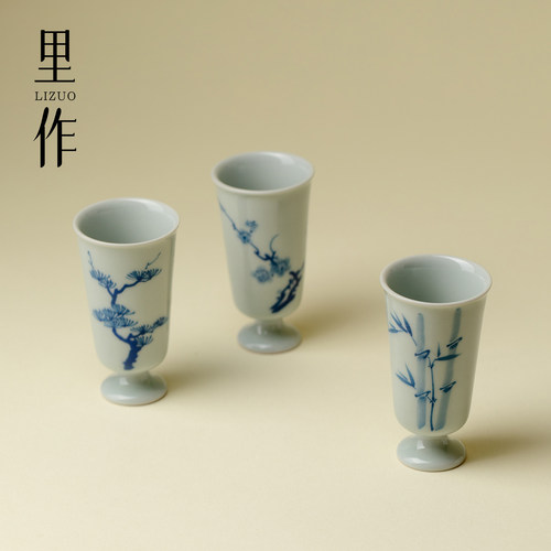 里作 仿古泥青花手绘松竹梅高足茶杯复古手工品茗杯聚香杯闻香杯