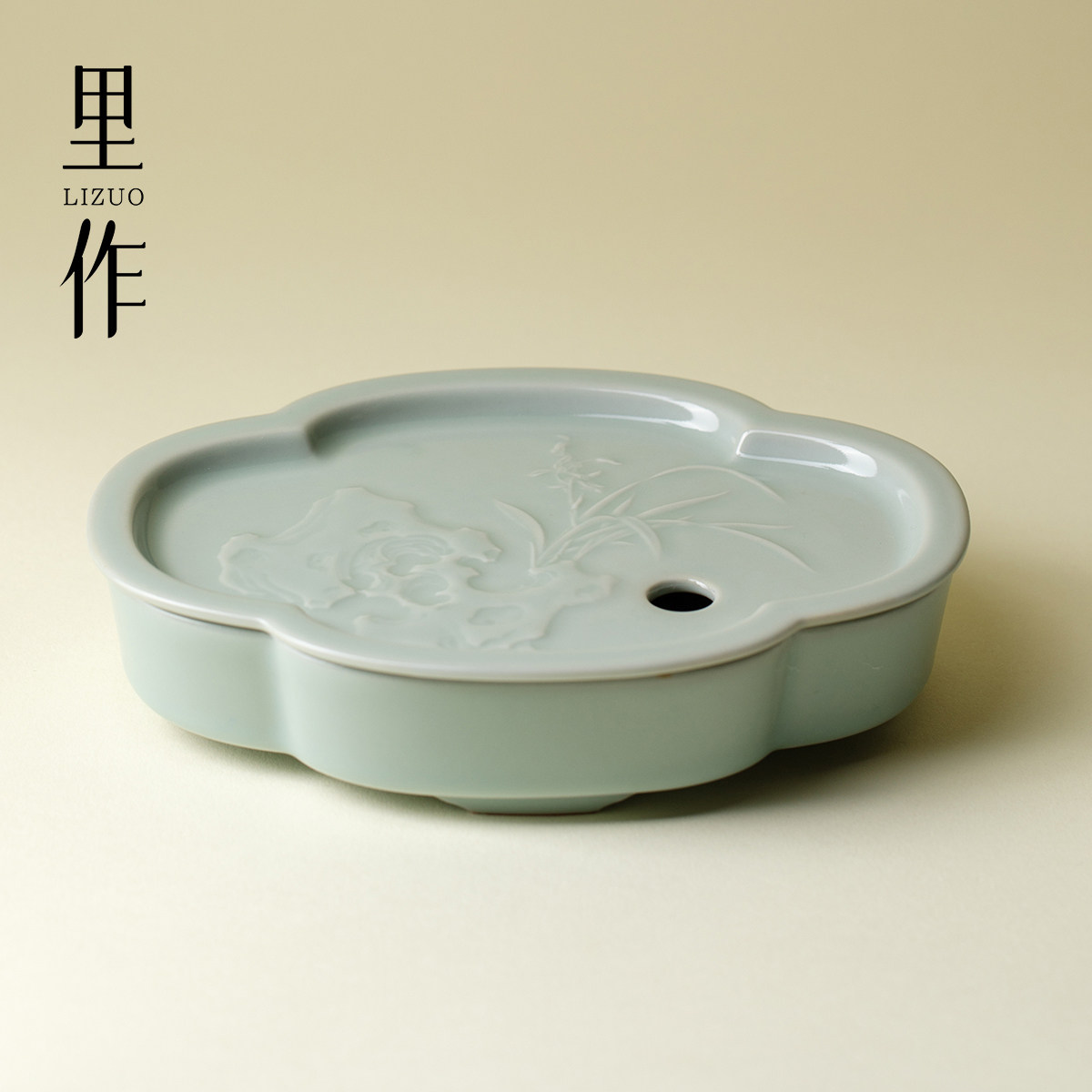 里作 天青色汝窑蓄水壶承手工浮雕梅花带盖干泡盘小茶台茶壶托盘