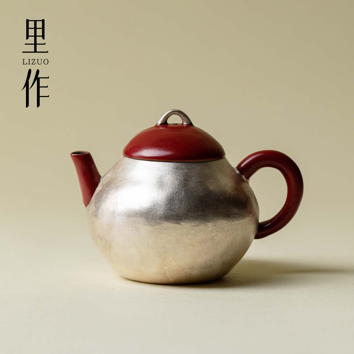 里作银装素裹轻奢茶壶大漆红粗陶手工鎏银泡茶器中式茶具高档单壶