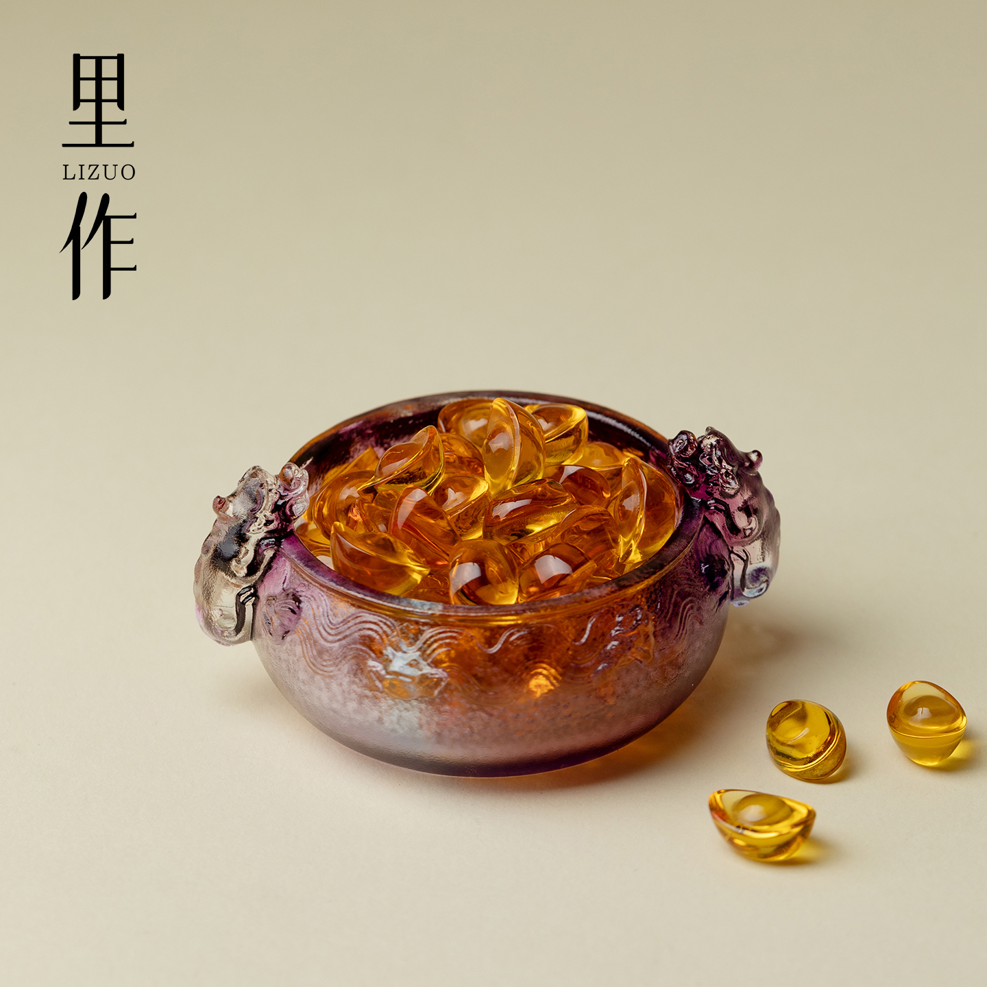 里作 琉璃创意聚宝盆小摆件财源滚滚小壶玄关客厅茶桌装饰小摆件