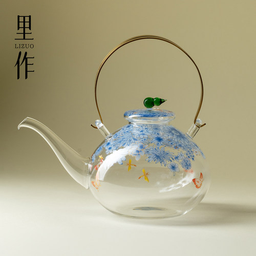 里作幽蓝纷蝶玻璃提梁壶高颜值精致手工茶壶高硼硅耐热煮茶壶