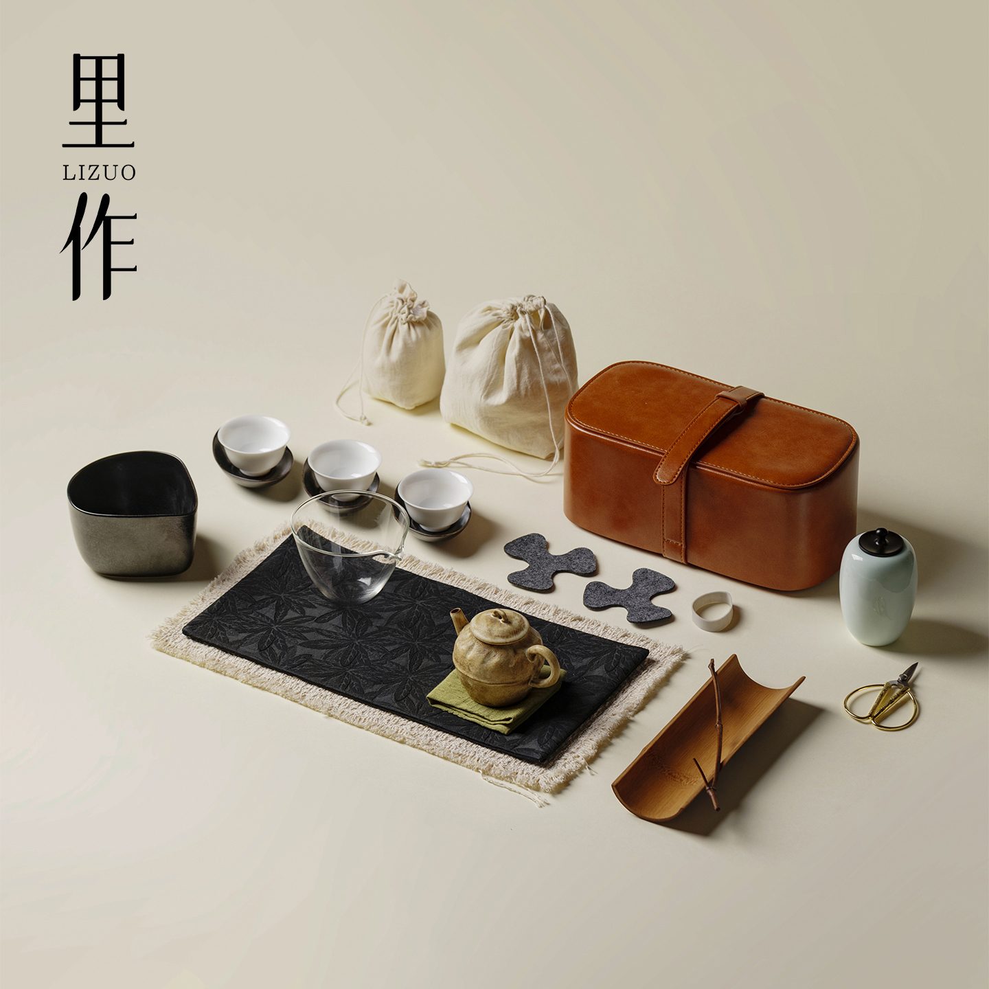 里作整套便携式收纳旅行茶具套装户外泡茶壶茶杯茶席皮革包小茶箱