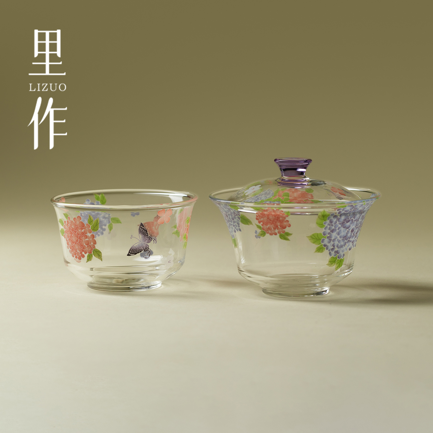 里作精致绣球花玻璃迷你盖碗茶杯一人饮功夫茶具轻奢便携一壶一杯