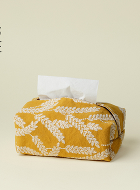 里作复古茶几布艺手工纸巾盒黄色麦穗印花台面式家用方形抽纸包