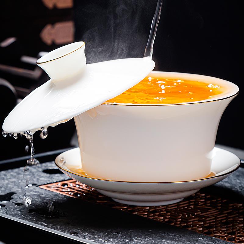 350ML特大号羊脂玉白瓷三才盖碗单个茶杯家用茶具悬停旋转泡茶碗