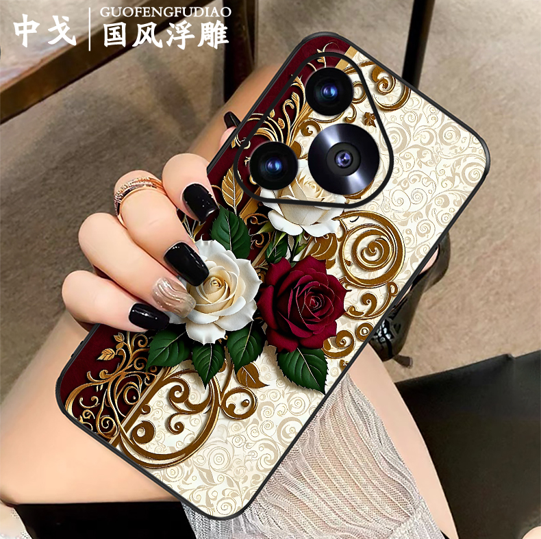 立体浮雕国风玫瑰适用华为pura80pro手机壳pura70新款P60高端皮纹P50全包荣耀magic70潮nova14pro防摔保护套