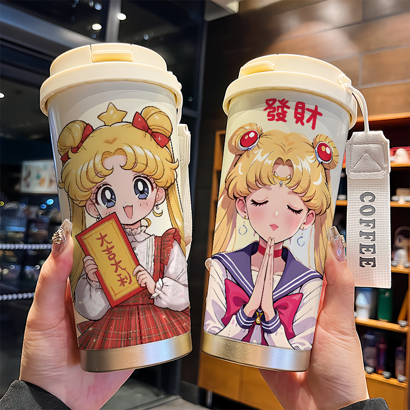 美少女战士可爱保温杯少女学生闺蜜吸管水杯百变小樱咖啡杯不锈钢