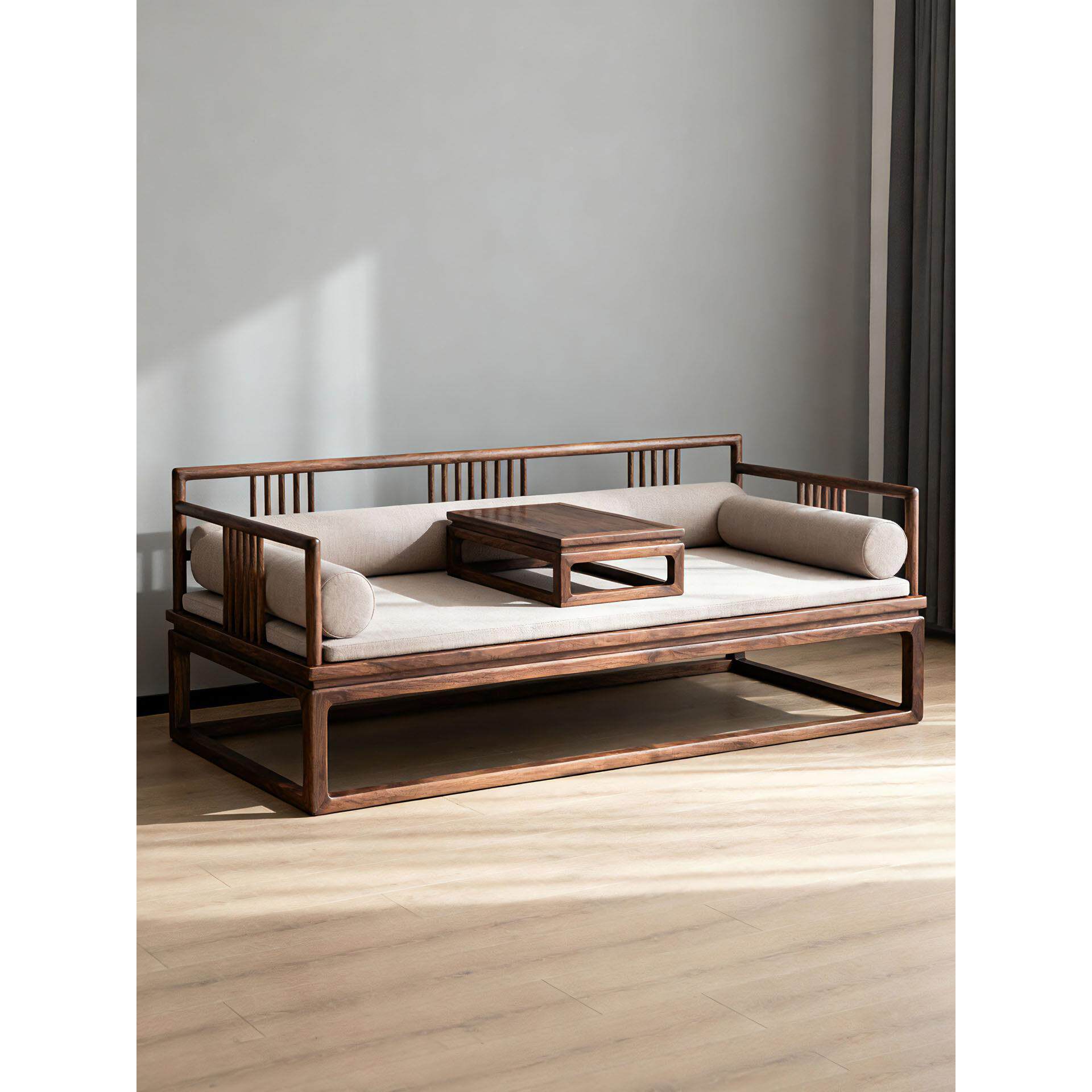 新中式北美黑胡桃木罗汉床宋式美学极简贵妃榻客厅实木双人位沙发