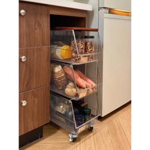 不锈钢厨房置物架小推车橱柜内置台下多功能放蔬菜水果落地收纳筐