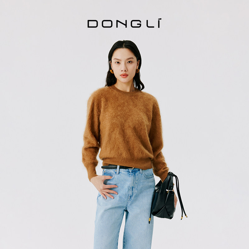 东黎 100%山羊绒 女士冬季针织精致时髦拉毛工艺短款圆领长袖套衫