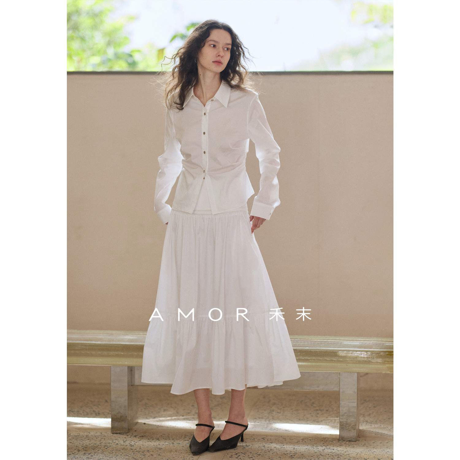 AMOR禾末 进口匹马棉A字白色半身裙法式优雅纯色高腰伞裙女