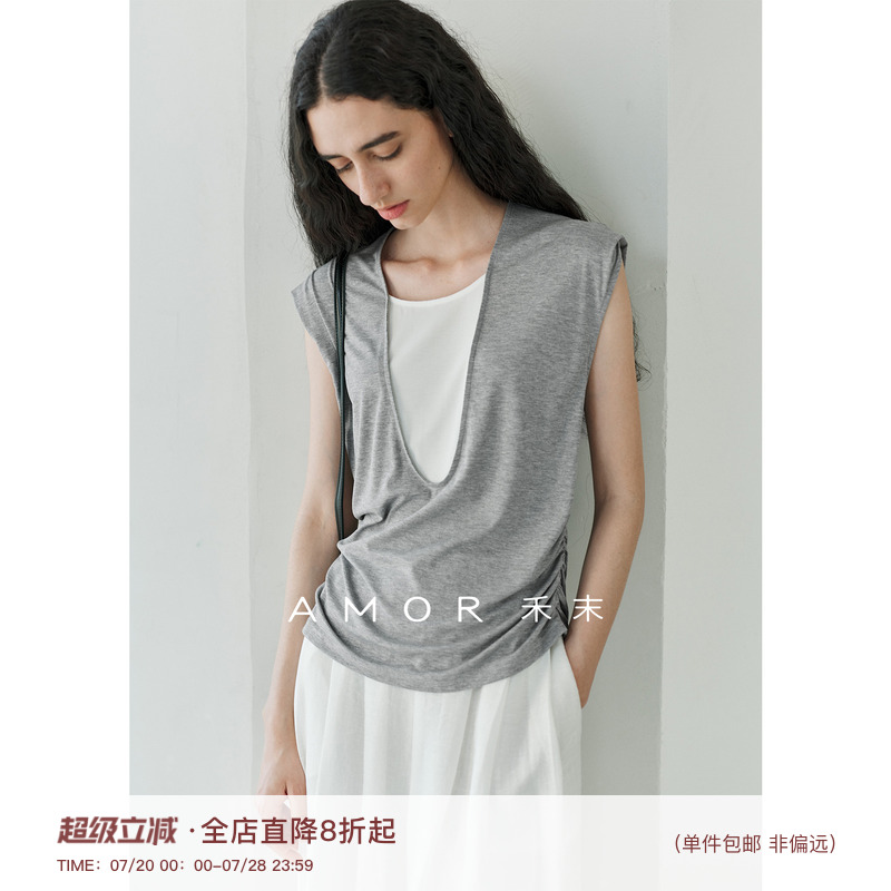 AMOR禾末 假两件撞色宽肩收腰优可丝无袖针织背心T恤上衣女夏