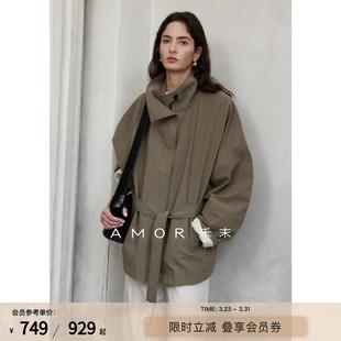 复古廓形长短款 抒情诗 AMOR禾末 橄榄色风衣外套 博主同款