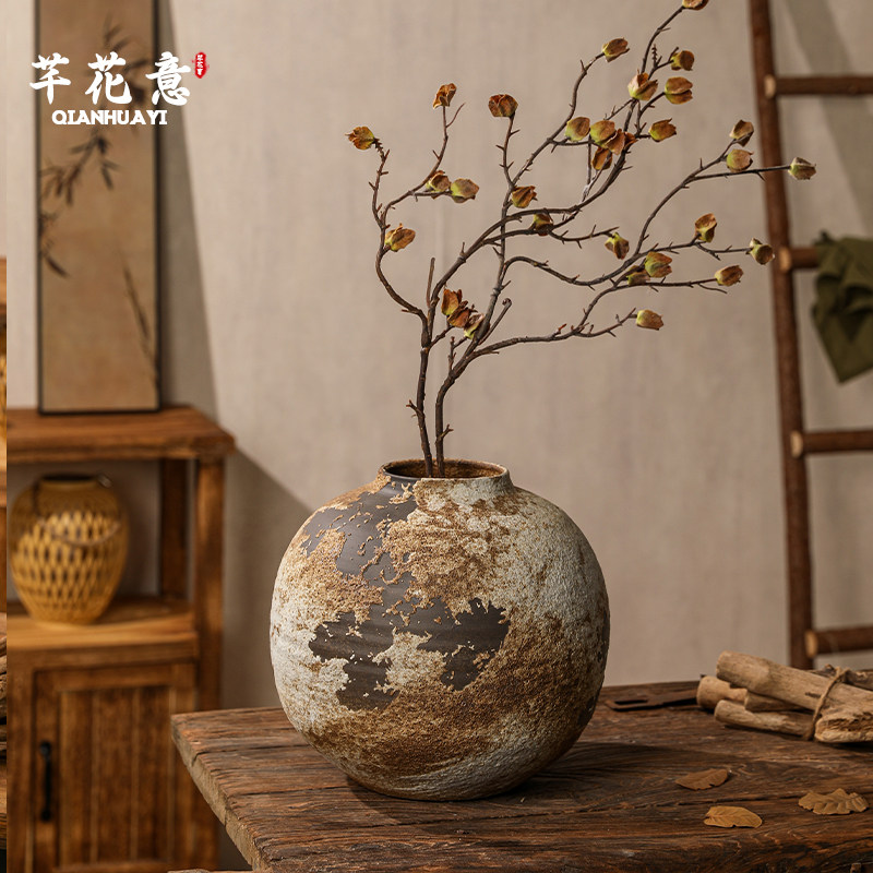 陶瓷花瓶圆形陶罐景德镇复古花器粗陶插花干燥花高档玄关电视柜摆