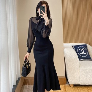 宴会礼服长款 新款 鱼尾裙1921 高级感黑色气质连衣裙2024秋季 法式
