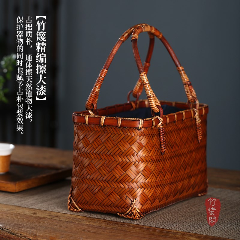 竹柒阁中式大漆手工竹编包手提包收纳挎包日式编织复古配旗袍女包