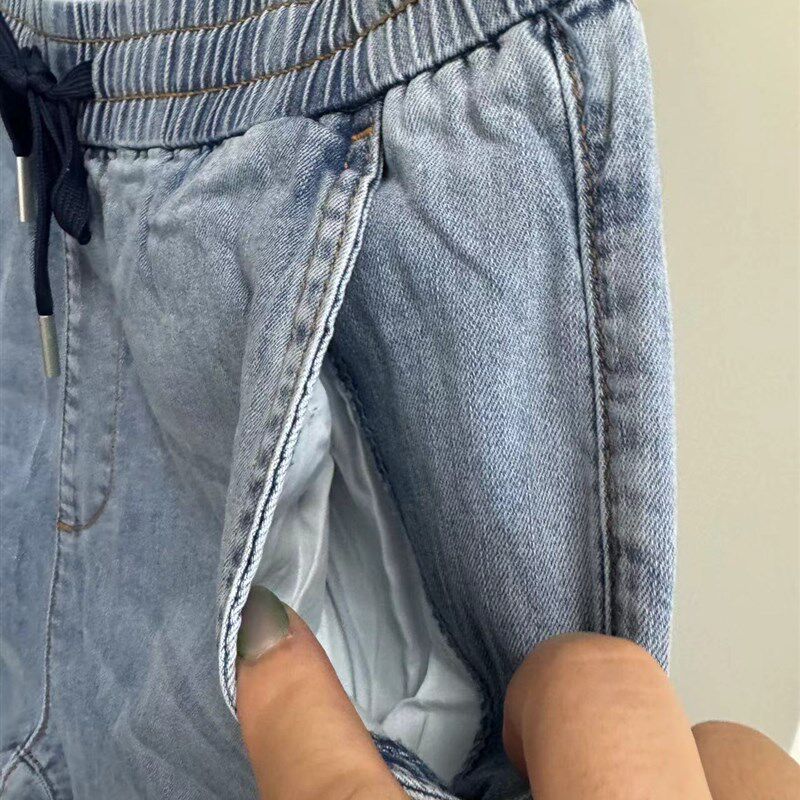 国货美家男夏季短款牛仔裤子松紧系带舒适轻薄五分裤子宽松牌中裤