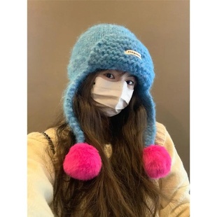 GREENHOUSES手工粗棒针毛线帽子女冬护耳针织撞色毛球飞行雷锋帽