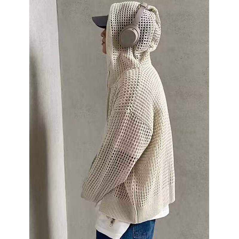 夏季防晒镂空针织衫外套男生小众感连帽透气休闲薄款外穿开衫上衣