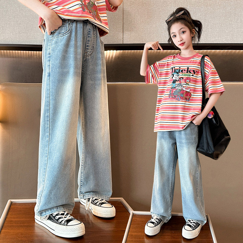 女童薄款牛仔阔腿裤夏装新款中大童宽松夏天裤子夏季儿童外穿长裤