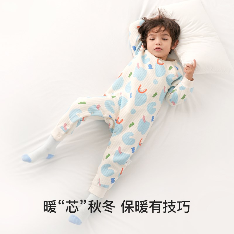 宝宝连体衣睡衣秋款儿童夹棉连身睡袋秋冬男女中大童家居服连体衣