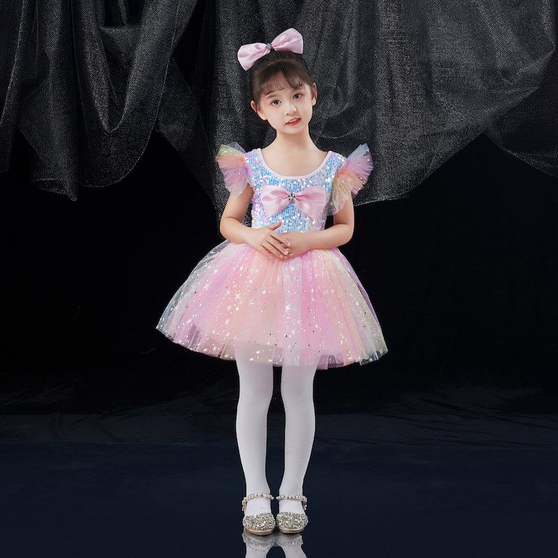 儿童演出服蓬蓬纱裙亮片幼儿园舞蹈表演服女孩公主裙连衣裙礼服新