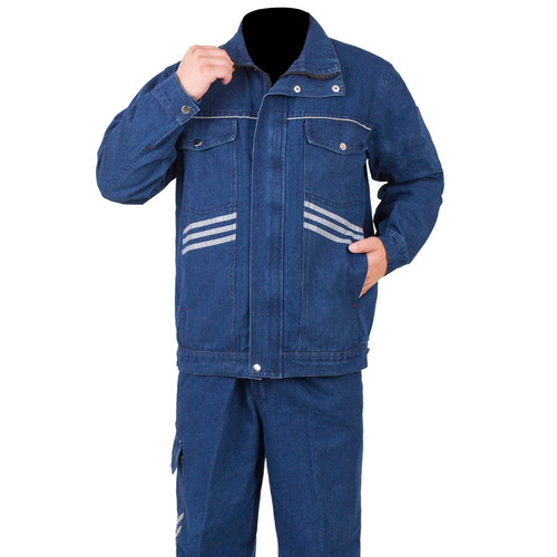 秋冬立领牛仔电焊工作服男套装纯棉防烫耐磨工厂工地船厂劳保工装