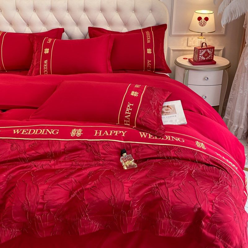 高档140S结婚四件套红色全棉纯棉床单被罩新中式婚庆床上用品床笠