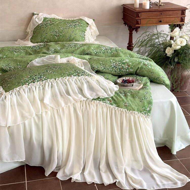 新莫奈绿|法式复古天丝棉四件套 夏季公主风花边凉感丝滑被套床单,床上用品,床品套件/四件套/多件套,淘宝优惠券,粉丝福利购,淘宝优惠卷