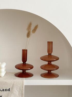 复古怀旧棕色玻璃花瓶中古风客厅干花插花花器烛台桌面装饰摆件