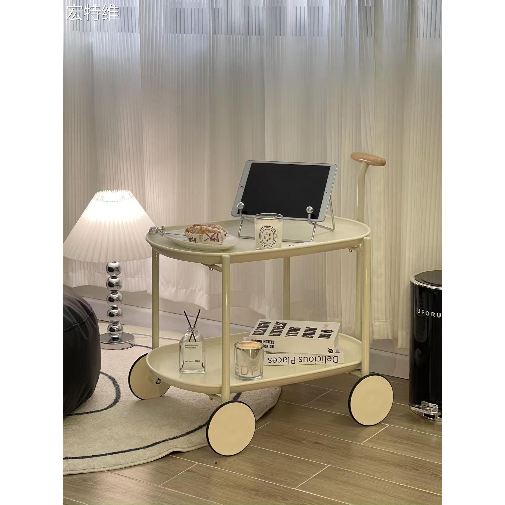 可移动边几小推车茶几带轮创意奶油风客厅沙发边桌餐车零食置物架