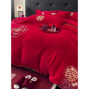 高级感婚庆牛奶绒四件套结婚红色冬季加厚珊瑚绒被套新婚喜被床品