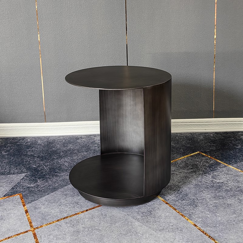 意式极简边几轻奢不锈钢黑钛拉丝沙发角几样板房别墅床头双层圆几