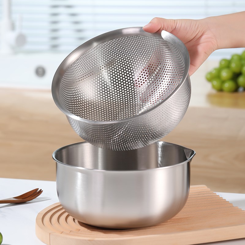 双层沥水篮套装304不锈钢厨房洗菜水果篮特厚果盆打蛋揉面盆