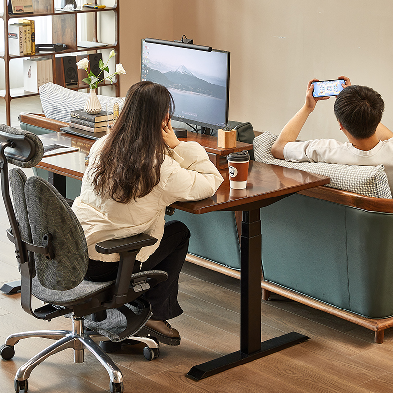 普格瑞司实木电动升降桌家用办公桌双人工作台学习书桌智能电脑桌