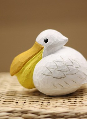 鹿妖商店 鹈鹕灌顶 木雕小鸟 肥啾 礼物 网红 纯手工实木桌面摆件