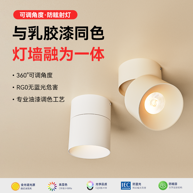 可可蛋奶明装式免打孔射灯可调角度店铺商用乳胶漆同色奶油中古风,家装灯饰光源,明装射灯,淘宝优惠券,粉丝福利购,淘宝优惠卷