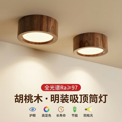 明装胡桃木筒灯免开孔吸顶客厅卧室玄关背景走廊过道led天花射灯