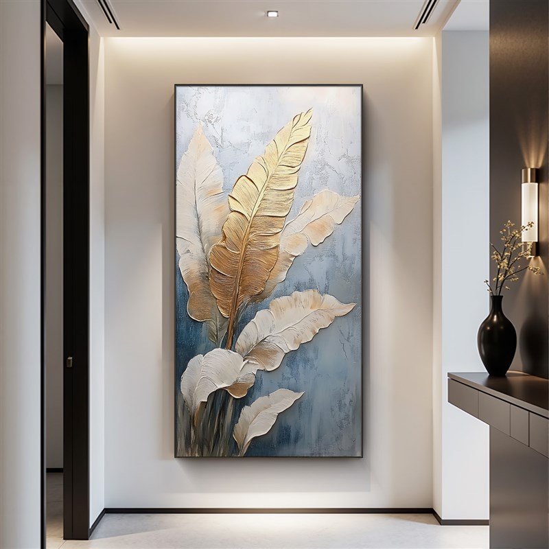 《六叶生金》家大业肌理画大入户玄关油画大芬村竖版走廊过道挂画